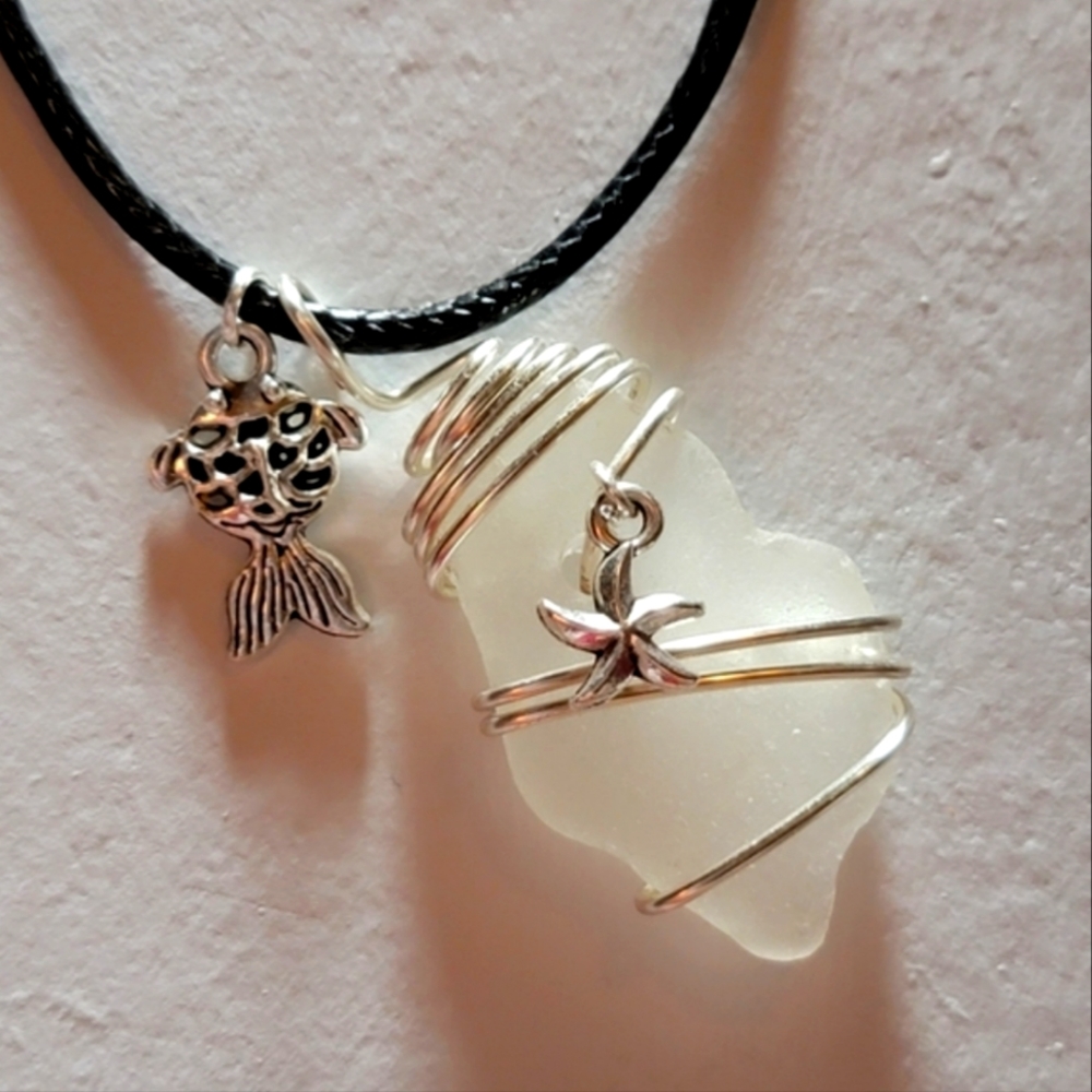 Wire Wrapped Maine Sea Glass Necklace With Starfish and Fish Charm